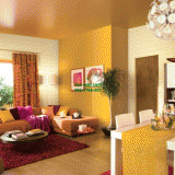 ตัวอย่างภายในบ้าน ตกแต่งด้วย วอลเปเปอร์ติดผนัง ลายเส้นกราฟิก หลากสีสดใส สีเหลือง-เทา