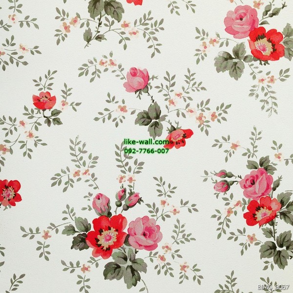 รูปภาพที่1 ของสินค้า : วอลเปเปอร์ติดผนัง ลายดอกไม้ สไตล์วินเทจ สีชมพู-แดง พื้นหลังสีขาว