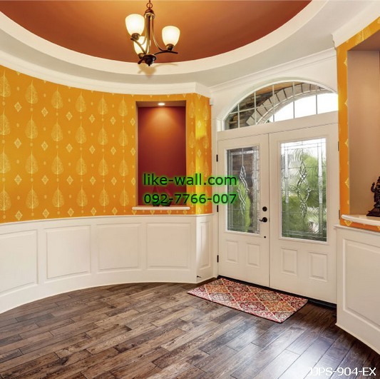 รูปภาพที่1 ของสินค้า : ตัวอย่างห้องพระตกแต่งด้วย วอลเปเปอร์ลายใบโพธิ์ สีเหลือง