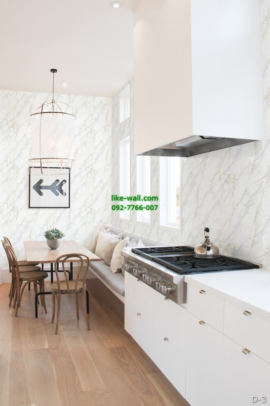 รูปภาพที่1 ของสินค้า : ตัวอย่างห้องครัวตกแต่งด้วย วอลเปเปอร์ลายหินอ่อน สีขาวครีม